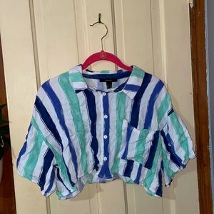 Blue and Teal Striped Cropped Button Down